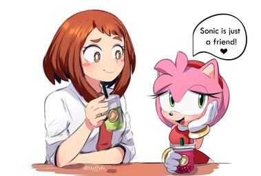 accessory anthro beverage blush brown_eyes brown_hair clothing container cup dialogue duo female gloves green_eyes hair hair_accessory hairband handwear heart_symbol lies long_hair open_mouth open_smile short_hair simple_background smile speech_bubble text white_background steffybs my_hero_academia sega sonic_the_hedgehog_(series) amy_rose ochaco_uraraka eulipotyphlan hedgehog human mammal 2023 crossover english_text hi_res signature