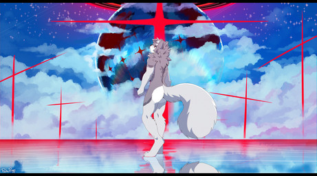 anthro black_bars casual_nudity cloud digitigrade fur grey_body grey_fur grey_hair hair looking_up male male_anthro nude nude_anthro nude_male planet red_eyes reflection short_hair sky solo standing star the_third_impact white_body white_fur pache_riggs neon_genesis_evangelion armiger_(bxrnstellar) canid canine canis domestic_dog mammal nordic_sled_dog samoyed spitz absurd_res hi_res letterbox signature