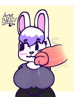 anthro big_breasts big_penis blush bodily_fluids breasts disembodied_penis dripping female genital_fluids genitals heart_symbol humanoid_genitalia humanoid_penis male penis precum precum_drip shy simple_background solo thick_thighs throbbing throbbing_penis white_body victini_bnuuy lagomorph leporid mammal rabbit character_request hi_res