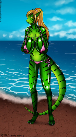 anthro beach bikini blonde_hair breasts clothing cloud detailed_background female food food_fetish food_play fruit green_body green_skin hair humor melon nipples non-mammal_breasts non-mammal_nipples open_mouth outside plant sand sea seaside sky solo summer swimwear tail two-piece_swimsuit water watermelon yellow_eyes eliana-asato lizard reptile scalie 2014 hi_res