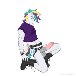 alternative_fashion anthro anthrofied balls belt blue_eyes boots bottomless bottomless_male bracelet clothed clothing crossgender erection femboy footwear ftm_crossgender fur genitals glamrock hair horn jewelry looking_at_viewer male medial_ring multicolored_hair penis punk shirt shoes simple_background solo studded_belt studs t-shirt topwear white_background white_body white_fur shallowwin friendship_is_magic hasbro my_little_pony mythology raripunk rarity_(mlp) equid equine mammal mythological_creature mythological_equine unicorn 1:1 hi_res