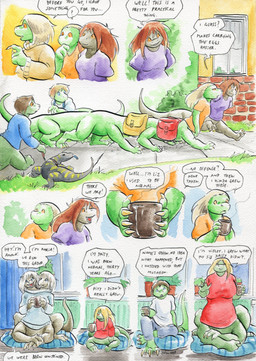 10_legs 2_heads 3_toes 4_fingers amputee annoyed anthro bag barefoot big_hands black_body blonde_hair bottomless bottomless_taur brick_wall brown_hair claws clothed clothing collar collared_reptile conjoined container cup curtains curtains_open dialogue disability feet female feral fingers floor furgonomics furniture gaping_mouth gesture grass green_body grey_hair group hair hand_gesture happy heater holding_object leash leashed_collar long_hair male missing_arm multi_head multi_leg multi_limb no_sclera open_mouth orange_eyes outside pillow plant plant_pot pointing potted_plant shirt shrub sidewalk sitting size_difference smile speech_bubble standing steaming stripes surprised tail tail_motion tailwag tapering_tail text toes topwear walking wall_(structure) window wood wood_floor yellow_stripes cervelet abby_(growing_troubles) anna_&_maria_(growing_troubles) daisy_(growing_troubles) john_(growing_troubles) liz_(growing_troubles) violet_(growing_troubles) lizard lizard_taur long_taur monitor_lizard reptile reptile_taur scalie scalie_taur taur 2018 absurd_res comic english_text handwritten_text hi_res multiple_scenes painting_(artwork) shaded traditional_media_(artwork) traditional_painting_(artwork) traditional_watercolor_(artwork) watercolor_(artwork) daughter_(lore) sibling_(lore) sister_(lore) sisters_(lore)