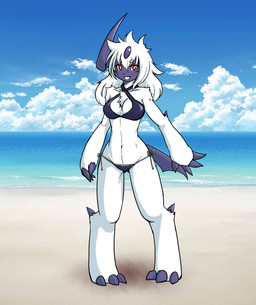 anthro anthrofied beach bikini breasts chest_tuft claws cleavage clothed clothing cloud collarbone digitigrade female fur hair horn looking_at_viewer medium_breasts navel pokemorph purple_claws red_eyes sand sea shadow sky smile solo standing swimwear teeth tuft two-piece_swimsuit water white_body white_fur white_hair hironoshuke nintendo pokemon absol generation_3_pokemon pokemon_(species) hi_res