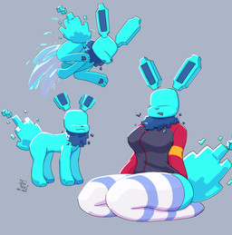ambiguous_gender anthro blue_body blue_ears blue_fur blue_inner_ear blue_tail clothing eyeless female feral fur grey_background jumping legwear mane mouth_closed nude open_mouth pattern_clothing pattern_legwear pattern_thigh_highs pawpads simple_background solo striped_clothing striped_legwear striped_thigh_highs stripes tail thigh_highs tuft arzy_parzy nintendo pokemon shockwave_(liquafusion) eeveelution generation_1_pokemon jolteon pokemon_(species) 2023 absurd_res hi_res watermark