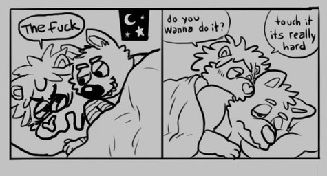 anthro bed bedding blanket blush clothing dialogue duo furniture lying male male/male night obese obese_anthro obese_male overweight overweight_anthro overweight_male pillow shirt text tired topwear osos canid canine canis domestic_dog felid lion mammal pantherine 2015 comic english_text