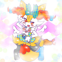 ambiguous_anthro ambiguous_gender anthro big_tail biped blush blush_stickers cute_fangs dipstick_tail disembodied_wings electronics fangs flower food front_view gesture hair hand_gesture head_bow holding_microphone holding_object knock-kneed looking_at_viewer markings microphone object_in_tail open_:3 open_mouth open_smile plant polka_dot_dress quadruped shrimp_(food) smile snout solo sparkles standing tail tail_between_legs tail_markings teeth tied_hair annyui0611 nintendo pokemon braixen canid generation_6_pokemon mammal pokemon_(species) 1:1 2022 digital_drawing_(artwork) digital_media_(artwork) full-length_portrait hi_res japanese_description portrait translated_description
