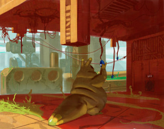 ambiguous_gender anthro belly big_belly big_tail black_eyes blue_fruit_(rain_world) building food fruit_picking grass green_body huge_belly overweight overweight_ambiguous overweight_anthro plant semi-anthro shadow solo squish tail under_shade urban_decay citrusslugcat rain_world videocult citrus_(slugcat) slugcat