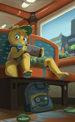 5_fingers 5_toes anthro anthrofied backpack barefoot blonde_hair blue_body blue_markings blush bottomwear building bulge clothing countershading eye_markings eyebrows feet fingers footwear green_bottomwear green_clothing green_shorts green_visor hair holding_object looking_at_viewer low-angle_view male male_anthro markings object_in_mouth plant plantigrade sandals shirt shoes shorts sitting sky slouching soles solo tail tank_top toes topwear train tree vehicle white_wings wings yellow_body yellow_tail young young_anthro young_male apis_(artist) nintendo nintendo_switch pokemon caprino_bencivenni dunsparce generation_2_pokemon pokemon_(species) 2020 hi_res