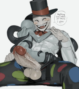 ambiguous_gender balls bodily_fluids bottomwear bow_tie clothed clothed/nude clothing collared_shirt detailed_genitals detailed_penis dialogue dress_shirt duo eyes_closed fangs genitals glistening glistening_genitalia glistening_penis hat headgear headwear hug humanoid_genitalia humanoid_penis it'll_never_fit male nude open_mouth open_smile pants penis polka_dots saliva saliva_string shirt smile speech_bubble suit sweat teeth tentacles text top_hat topwear vein veiny_penis kogito creepypasta neil_cicierega_(copyright) anon splendorman human humanoid mammal tentacle_creature absurd_res colored digital_media_(artwork) digital_painting_(artwork) english_text hi_res painting_(artwork) shaded soft_shading