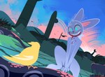 anthro big_ears blood blue_eyes blue_sky bodies bodily_fluids bone feathers grass pillar plant sky solo wide_smile yellow_body yellow_feathers hydrabb avian bird lagomorph leporid mammal rabbit reptile scalie snake digital_media_(artwork) hi_res lineless