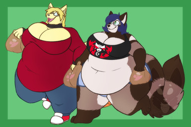 anthro barefoot belly big_belly big_breasts biped blonde_hair blue_bottomwear blue_clothing blue_hair blue_jeans blue_pants blue_shorts border bottomwear breasts brown_body brown_fur cleavage cleavage_cutout clothed clothed_anthro clothed_female clothing countershade_fur countershade_torso countershading crop_top cutout denim denim_bottomwear denim_clothing duo feet female female_anthro fluffy fluffy_tail footwear fur green_background green_border hair happy holding_bag huge_thighs jeans markings midriff navel navel_outline obese obese_anthro obese_female overweight overweight_anthro overweight_female pants paper_bag red_clothing red_footwear red_shoes red_sneakers red_sweater red_topwear ring_(marking) ringed_tail shirt shoes shorts simple_background sneakers striped_markings striped_tail stripes sweater tail tail_markings tan_body tan_fur thick_thighs topwear walking white_body white_countershading strawberrymilkdog katherine_liekki canid canine fox mammal raccoon_dog tanuki 2021 colored hi_res watermark