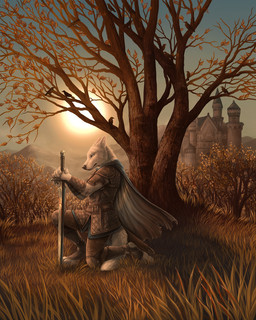 anthro armor belt black_nose blood blood_on_face blood_on_sword blood_on_weapon blue_eyes bodily_fluids bracers castle claws cloak clothing ears_back finger_claws footwear fur gambeson grass holding_melee_weapon holding_object holding_sword holding_weapon knee_pads kneeling leather leather_armor light longsword male medieval medieval_armor melee_weapon on_one_knee outside pivoted_ears plant scabbard side_view solo sun sword tail toeless_footwear tree weapon whisker_spots white_body white_fur rukis avian bird canid canine canis mammal wolf 2017 4:5 digital_media_(artwork) hi_res lighting
