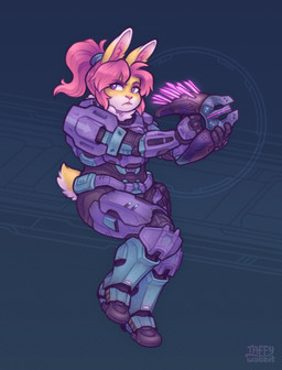 anthro armor breasts cosplay female hair holding_object holding_weapon looking_aside machine on_one_leg pink_hair ponytail power_armor purple_armor purple_eyes science_fiction solo standing tail weapon yellow_body taffywabbit halo_(series) microsoft xbox_game_studios soleil_(keffotin) lagomorph leporid mammal rabbit 2022 digital_media_(artwork) hi_res trans_(lore) trans_woman_(lore)