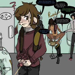 alternative_fashion anthro backpack bathroom bodily_fluids bullying clothing emo fart feces foreskin gangbang genital_fluids genitals group group_sex humanoid_genitalia humanoid_penis jock long_foreskin male male/male nerd penis profanity public_restroom questionable_consent restroom_stall retracted_foreskin scared school school_uniform sex smile smirk sweater text toilet topwear uniform unretracted_foreskin urinal urinal_peeking urine watersports young grossmonkeylad haplorhine hyena mammal monkey mouse murid murine primate rodent 1:1 english_text hi_res