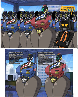 big_breasts blue_clothing blue_hat blue_headwear breasts clothing curvy_figure electronics female for_a_head group hat headgear headwear hourglass_figure huge_breasts machine male male/female not_furry red_clothing red_hat red_headwear screen screen_face television text voluptuous wide_hips zerosenpie aida_(thebunnypie) android humanoid object_head robot screen_head tv_head english_text hi_res
