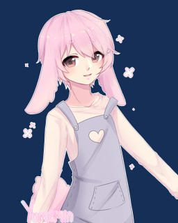 accessory clothing floppy_ears hair hair_accessory hairclip looking_at_viewer male open_mouth overalls pink_hair scut_tail short_tail smile smiling_at_viewer solo tail yumemin animal_humanoid humanoid lagomorph lagomorph_humanoid leporid_humanoid mammal mammal_humanoid rabbit_humanoid