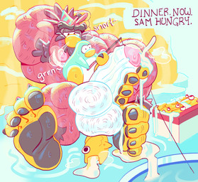 4_toes 5_fingers anthro arm_hair balls biceps big_balls big_feet big_hands big_muscles big_penis bodily_fluids body_hair chest_hair clothing cum cum_on_feet cum_on_hand dialogue dominant dominant_anthro dominant_male duo ejaculation feet fingers fishing fishing_rod genital_fluids genitals hairy hairy_male hat headgear headwear huge_balls huge_penis ice_fishing improvised_sex_toy larger_male leg_hair male male/male manly muscular muscular_anthro muscular_male musk nipples onomatopoeia party_hat penis puddle shocked size_difference smaller_male snort sound_effects speech_bubble sweat sweat_pool sweatdrop text toes vaniwall club_penguin sam_the_sasquatch aquatic avian bird fish penguin sasquatch english_text hi_res