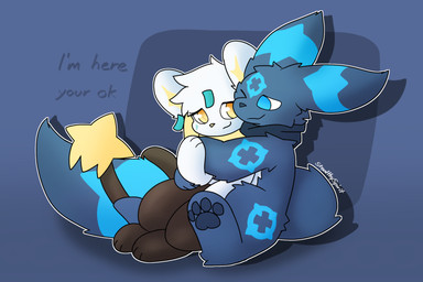 black_body black_fur comforting duo female feral fluffy fluffy_tail fur hug male male/female pawpads paws scarf star tail text stealthyspirit nintendo pokemon jitters_(kal) nuke_(stealthyspirit) eeveelution generation_2_pokemon generation_3_pokemon generation_4_pokemon jirachi legendary_pokemon pokemon_(species) shinx umbreon 3:2 english_text hi_res