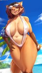 anthro beach big_breasts bikini breasts brown_hair clothed clothing dipstick_limbs exposure_variation eyewear female full_cleavage hair hand_on_hip holding_object inner_boob looking_at_viewer looking_down low-angle_view mature_female nipple_outline one-piece_swimsuit open_mouth outside palm_tree plant sand sea seaside sky sling_bikini smile solo sunglasses swimwear thick_thighs tree two-piece_swimsuit water white_clothing viejillox angelica_fox canid canine fox mammal absurd_res digital_media_(artwork) hi_res shaded