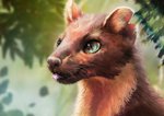 ambiguous_gender black_nose blep brown_body brown_fur day detailed_fur fur green_eyes leaf light notched_ear outside realistic_lighting realistic_shading solo tongue tongue_out whiskers white_whiskers flutti kebi_(character) gulonine mammal marten mustelid musteline pine_marten 2020 absurd_res detailed hi_res lighting