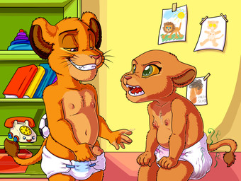 anthro bodily_fluids clothed clothing crouching cum cum_on_chest diaper duo erection female genital_fluids genitals inside male nipples orgasm penis pooping_diaper smile topless young zooshi disney the_lion_king nala_(the_lion_king) simba_(the_lion_king) felid lion mammal pantherine absurd_res hi_res