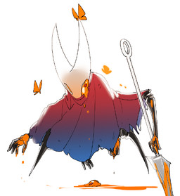 2_horns ambiguous_gender anthro black_body bodily_fluids cloak clothed clothing empty_eyes fingers holding_melee_weapon holding_object holding_weapon hollow_eyes horn liquid melee_weapon orange_eyes red_cloak red_clothing simple_background solo weapon white_background du_dang hollow_knight_(franchise) team_cherry hornet_(hollow_knight) the_infection_(hollow_knight) arthropod infected_(species) 2019