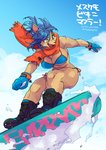 anthro bikini bikini_snowboarding bikini_top blue_hair boots brown_body brown_fur clothing day female footwear fur gloves green_eyes hair handwear open_mouth outside scarf shoes smile snow snowboard snowboarding solo swimwear two-piece_swimsuit teteteko canid mammal 2020