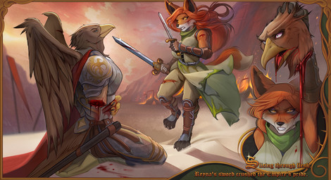 after_battle after_death anthro armor athletic athletic_anthro athletic_female athletic_male backpack blood blood_splatter bodily_fluids border burning cape clothed clothed_anthro clothed_female clothed_male clothing decapitation desert digitigrade digitigrade_heels digitigrade_paws dismemberment dual_wielding duo eye_contact female fighting_pose fingerless_gloves fire framed_picture gloves gore handwear holding_head holding_melee_weapon holding_object holding_severed_head holding_sword holding_weapon imminent_death imminent_decapitation kneeling looking_at_another male melee_weapon muscular muscular_anthro muscular_female muscular_male notched_wings outside picture_frame pose scabbard severed_arm severed_body_part severed_head severed_limb short_sword sword tents text torso_wound weapon wings flucky_bat reyna_(finnishstraydog) accipitrid accipitriform avian bird canid canine eagle fox mammal english_text hi_res story story_at_source story_in_description