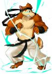 anthro clothed clothing male muscular muscular_anthro muscular_arms muscular_male simple_background solo topless white_background chirenbo capcom street_fighter wuffle_(webcomic) ryu_(street_fighter) wuffle canid canine canis mammal wolf 2016 digital_media_(artwork)