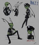 antennae_(anatomy) anthro belt beverage clothing coffee duo female gloves hair handwear male male/female piercing police police_uniform razz_(ryn) robin_(ryn) text uniform white_hair darkryn_(artist) invader_zim nickelodeon alien humanoid irken lagomorph mammal english_text hi_res