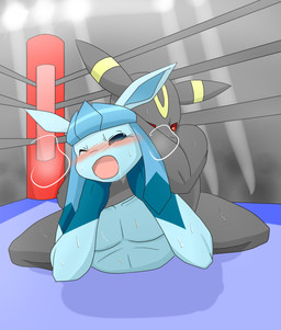 anthro asphyxiation blush bodily_fluids chokehold choking duo fight headlock male male/male sweat wrestling tsubasa1110 nintendo pokemon eeveelution generation_2_pokemon generation_4_pokemon glaceon pokemon_(species) umbreon