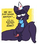 anthro balls belly birthday bodily_fluids clothing dialogue fur genitals hat headgear headwear male masturbation mostly_nude party_hat penile penile_masturbation penis pink_penis purple_body purple_fur scarf scarf_only simple_background small_penis solo spread_legs spreading sweat sweatdrop toony thatguynamedjoe joe_(thatguynamedjoe) domestic_cat felid feline felis mammal 2d_animation animated clip_studio_paint_(artwork) digital_media_(artwork) frame_by_frame