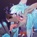 ahegao ambiguous_gender anthro bodily_fluids collar gesture hand_gesture heart_eyes heart_symbol looking_pleasured melting saliva saliva_string solo tongue tongue_out v_sign morrch charlie_volchok aardwolf canid canine canis hybrid hyena mammal wolf 1:1 absurd_res hi_res nonbinary_(lore)