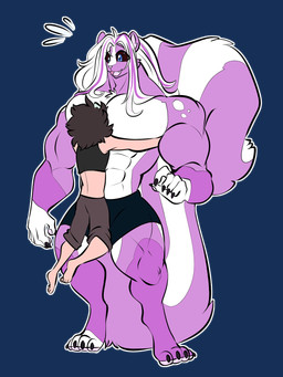 4_toes 5_fingers 5_toes abs ambiguous_gender anthro black_claws black_clothing black_sclera black_topwear blue_eyes bottomwear brown_bottomwear brown_clothing brown_hair brown_pants claws clothed clothing duo eyebrows face_on_chest feet fingers fur gloves_(marking) green_highlights hair highlights_(coloring) hug larger_anthro larger_male long_hair male male/ambiguous markings midriff muscular muscular_male open_mouth open_smile pants pecs pink_nose purple_body purple_fur purple_highlights raised_eyebrow shorts_only size_difference smaller_ambiguous smaller_human smile standing toe_claws toes topless topwear white_body white_fur white_hair rtf-m minty_(end_of_et3rnity) nakil_(nakil) human mammal mephitid skunk 2025 3:4 alpha_channel digital_drawing_(artwork) digital_media_(artwork) flat_colors hi_res nonbinary_(lore)