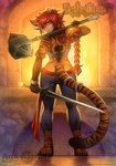 anthro butt butt_pose female fur hair hammer looking_at_viewer looking_back looking_back_at_viewer maul melee_weapon pose red_hair solo striped_body striped_fur stripes sword tools weapon abluedeer bethellium auri_(bethellium) felid mammal pantherine tiger 2021 hi_res