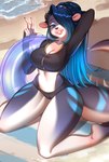 2022 anthro beach blue_eyes blue_hair breasts clothed clothing day detailed_background digital_media_(artwork) eyebrows eyelashes female hair hi_res inflatable inner_tube kneeling looking_at_viewer nitricacid outside sand seaside shoreline smile solo water