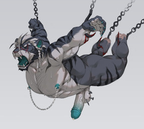 5_fingers abs amputee anthro balls bdsm black_body blood blue_glans bodily_fluids cock_and_ball_torture disability double_amputee erection eye_scar eyes_closed facial_scar fingers foreskin genital_fluids genital_torture genitals glans green_glans green_nipples green_tongue grey_background hook impaled_arm impaled_balls impalement male missing_all_legs missing_feet missing_foot missing_leg missing_limb nail nipple_chain nipple_piercing nipple_ring nipples nude penis piercing precum retracted_foreskin ring_piercing scar side_view simple_background solo striped_body stripes suspension sweat tongue torture vein veiny_muscles veiny_penis yelling kcalb3rt felid mammal pantherine tiger hi_res