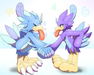 2_toes 3_toes 5_fingers anthro beak big_feet big_tongue blowing_raspberries claws duo feather_hands feathers feet fingers gesture handshake kemono long_tongue making_faces male male/male orange_tongue paws soles tail taunting teasing thick_feet thick_tongue toe_claws toes tongue tongue_out toony wide_tongue klizlove kemono_twack_(paradoxian) toon_twack_(klizlove) twack_(klizlove) avian bird 5:4 absurd_res hi_res