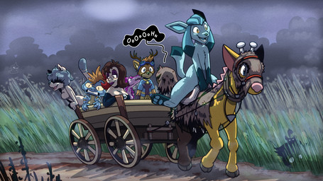 anthro antlers blue_eyes cart eyewear eyewear_on_head feral foggy_background goggles goggles_on_head group harness hayfield hooves horn light moon moonlight night orange_eyes spikes spikes_(anatomy) wooden_cart trevor-fox nintendo pokemon kyp_(character) trevor-fox_(character) animal_humanoid cat_humanoid deer dinosaur eeveelution felid felid_humanoid feline feline_humanoid generation_2_pokemon generation_3_pokemon generation_4_pokemon generation_6_pokemon girafarig glaceon human humanoid mammal mammal_humanoid pokemon_(species) prehistoric_species pumpkaboo reptile scalie sergal shuppet 16:9 widescreen