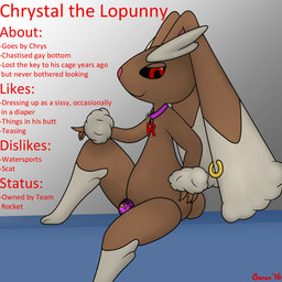 anthro biped black_sclera chastity_cage chastity_device collar lock male padlock pink_chastity_cage side_view sitting solo text baron_the_raichu nintendo pokemon fan_character generation_4_pokemon lagomorph lopunny mammal pokemon_(species) 1:1 2016 digital_media_(artwork) english_text hi_res