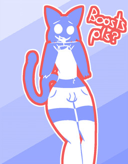 anthro anthrofied arm_tuft blue_body blue_fur bottomwear bulge clothing elbow_tuft femboy footwear fur hotpants knee_highs legwear male outline pockets shorts simple_background socks solo tuft white_clothing dakuterooty discord_(app) clyde_(discord) domestic_cat felid feline felis mammal dithering lineless