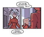clothed clothing comic container demon dialogue duo english_text female heart_eyes heart_symbol helltaker humanoid male modeus_(helltaker) pizza_box red_eyes text vanripper