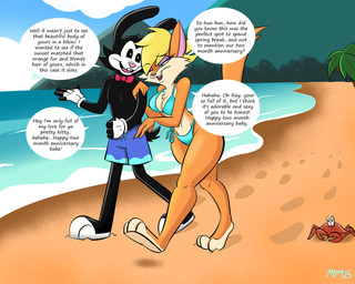 1930s_theme 3_toes 4_fingers anniversary anthro arm_hold barefoot beach big_breasts bikini biped black_body black_fur blonde_hair blue_bikini blue_bikini_bottom blue_bikini_top blue_clothing blue_eyes blue_swimwear bow_tie breasts buckteeth cat_tail chest_fur chuckling clothing cloud cloudy_sky dialogue duo expressive_eyes feet female fingers flirting fur gloves green_eyes hair handwear holding_arm logo loving_gaze makeup male male/female mascara mountain multicolored_body multicolored_fur orange_body orange_fur palm_tree pink_nose plant red_bow_tie romantic romantic_couple sand scut_tail sea seashore shore short_tail skinny sky sleeveless_clothing smile speech_bubble swimming_trunks swimwear tail tan_body tan_fur teeth text toes toned_belly toned_body toned_female toned_legs toned_male toned_thighs toony_expression tree two-piece_swimsuit two_tone_body two_tone_fur water wave white_body white_clothing white_fur white_gloves white_handwear 49ersrule07 animaniacs animaniacs_(2020) looney_tunes looney_tunes_cartoons sabrina_online tiny_toon_adventures tiny_toons_looniversity warner_brothers clarisse_(sabrina_online) fan_character ray_lee_rabbit arthropod crab crustacean decapod domestic_cat felid feline felis inkblot lagomorph leporid malacostracan mammal rabbit 2025 5:4 artist_collaboration artist_logo digital_media_(artwork) english_description english_text signature