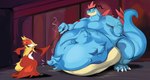 abdominal_bulge accessory after_vore anthro belly big_belly blue_body blue_skin duo fur headband male male_pred multiple_prey muscular red_body red_fur size_difference vore yellow_body yellow_fur featherhead nintendo pokemon canid canine delphox feraligatr generation_2_pokemon generation_6_pokemon mammal pokemon_(species) scalie