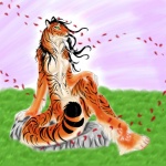 anthro biped breasts claws female fluffy fur orange_body orange_fur outside simple_background sitting sky solo stripes tail shikoyote shiko felid mammal pantherine tiger 1:1 hi_res