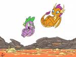 blue_eyes cannonball duo falling female green_eyes lava male tail jowybean friendship_is_magic hasbro my_little_pony mythology smolder_(mlp) spike_(mlp) dragon mythological_creature mythological_scalie scalie hi_res