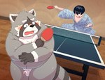 anthro asian_clothing balls blue_eyes blush clothing detailed_background duo east_asian_clothing fur genitals grey_body grey_fur humanoid_genitalia humanoid_hands humanoid_penis japanese_clothing kemono male overweight overweight_male penis small_penis sport surprise table_tennis table_tennis_paddle k_gutless third-party_edit human mammal procyonid raccoon 2021 censor_removal_edit