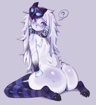 absurd_res anthro big_butt blue_eyes blue_markings bodily_fluids bovid butt caprine clothing cloven_hooves female fluffy fluffy_tail fredek666 fur fur_markings glistening glistening_butt glistening_eyes hair hi_res hooves kindred_(lol) kneeling lamb_(lol) league_of_legends legwear looking_back mammal markings mask mask_on_head pattern_clothing pattern_legwear pupils question_mark rear_view riot_games sheep simple_background slit_pupils solo stockings striped_clothing striped_legwear stripes sweat sweatdrop tail tencent white_body white_fur white_hair wool_(fur)