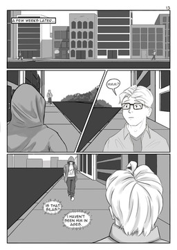 city city_background cityscape clothing comic_panel dialogue eyewear glasses hoodie human_only male not_furry sidewalk speech_bubble text thought_bubble topwear alphasabre danny_(alphasabre) silas_(alphasabre) human mammal comic english_text greyscale hi_res monochrome