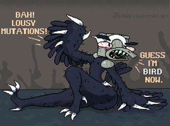 avian_feet bottomwear claws clothed clothing curvy_figure dialogue feathers feet femboy for_a_head male sitting solo talons text toes topless underwear wings toilet_man toilet_man_(character) avian goo_creature object_head 2026 artist_name digital_media_(artwork) pixel_(artwork) signature
